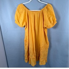 Free People Dress Womens XS Yellow Cotton Gauze Off Shoulder Smocked Boho Mini