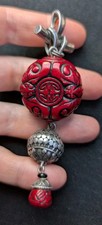 Asian Themed Pendant Double Sided Carved Faux Cinnabar Chunky Bead Pendant