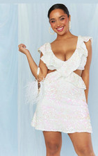 Show Me Your MuMu White Sequin Mini Dress V-Neck Cut-Out Ruffle Tie Bow M