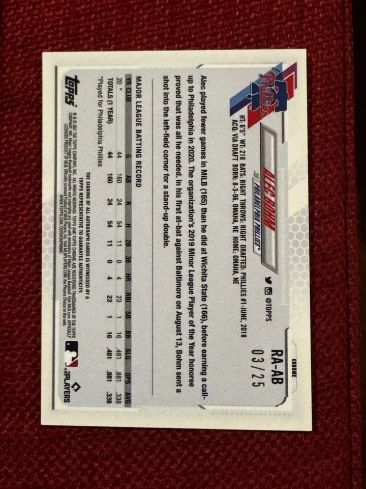 2021 Topps Chrome Update Sapphire Rookie Orange /25 Alec Bohm Auto RC Phillies - Image 2 of 2