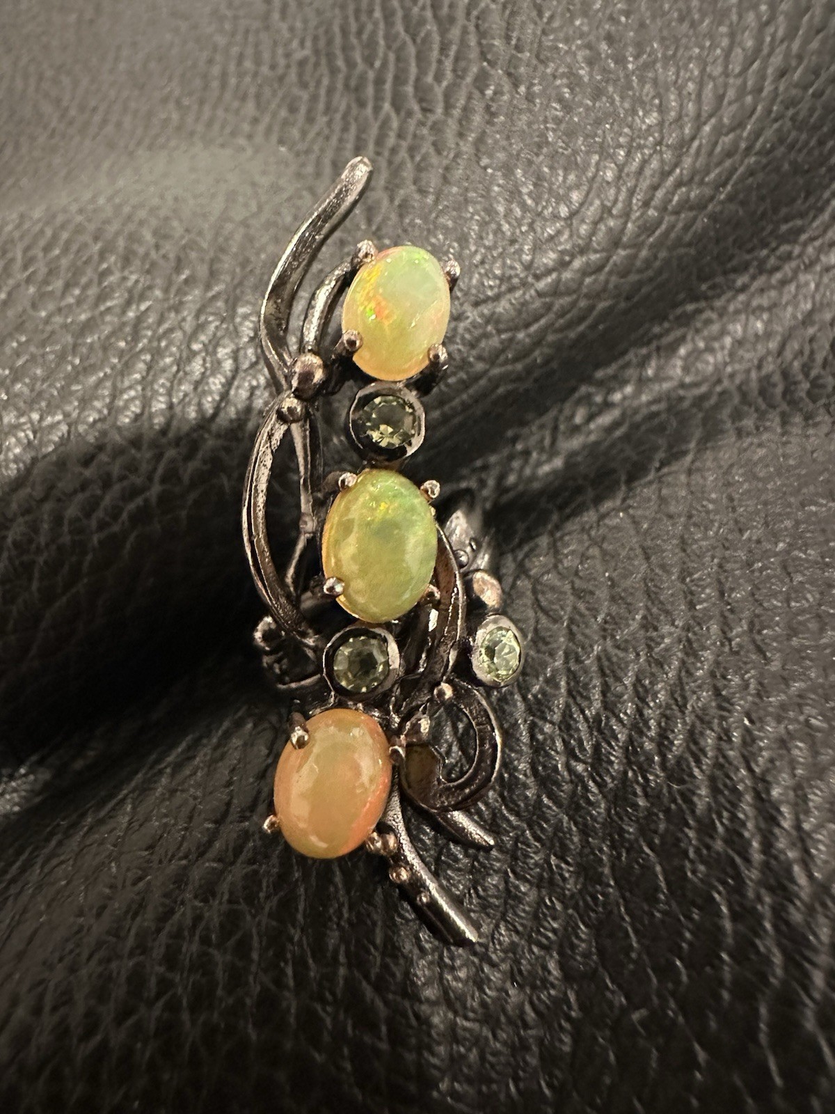 Sterling Silver & Opal Ring With Green Stone Accents Approx Sz 4