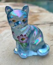 Fenton Art Glass Iridescent Blue Sitting Cat Hand Painted by Debbie Cutshaw 3.75