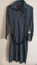 Lauren Ralph Lauren Striped Navy Blue Dress Sz Large Collared Belted 3/4 Sleeve