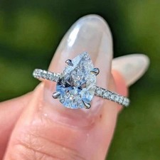 2.60 CTW Pear Cut Moissanite Hidden Halo Engagement Ring 14K White Gold Plated