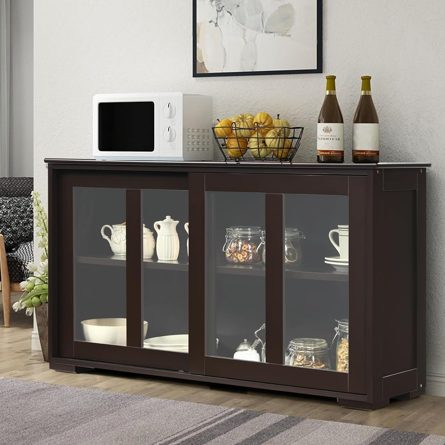 Stackable Sideboard Buffet Cabinet with Glass Doors & Adjustable Shelf