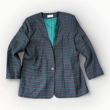 VTG Alfred Dunner Houndstooth Blazer Size 16 Purple Teal Wool Blend Jacket 90s