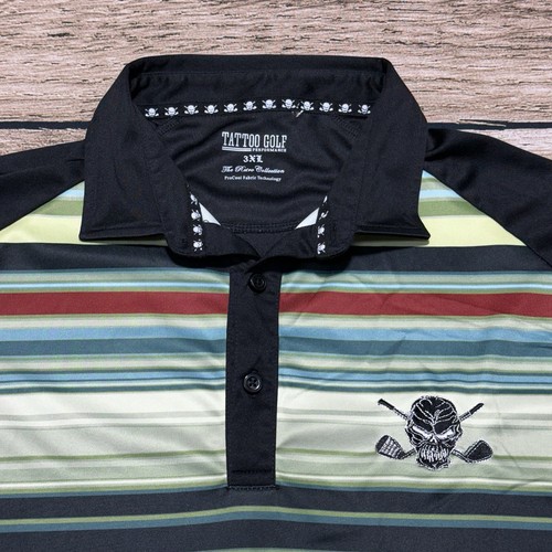 Tattoo Golf Polo Shirt Mens 3XL Black Striped Skull Retro Collection Performance