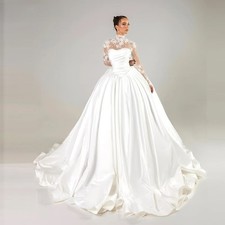 A-line Satin Wedding Dresses High Neck Long Sleeves Bridal Dress Bride Gown