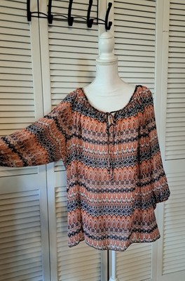 Max Studio 3X orange & blue print semi-sheer chiffon Top Elbow length sleeves 