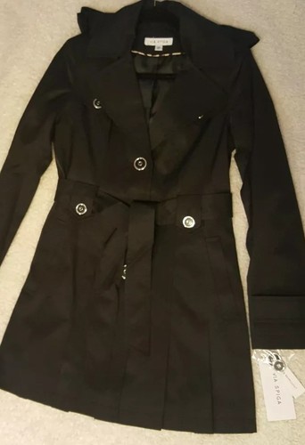 VIA SPIGA Black Removable Hood Water Repellent Trench Coat Womens Size XS NWT - Picture 5 of 8
