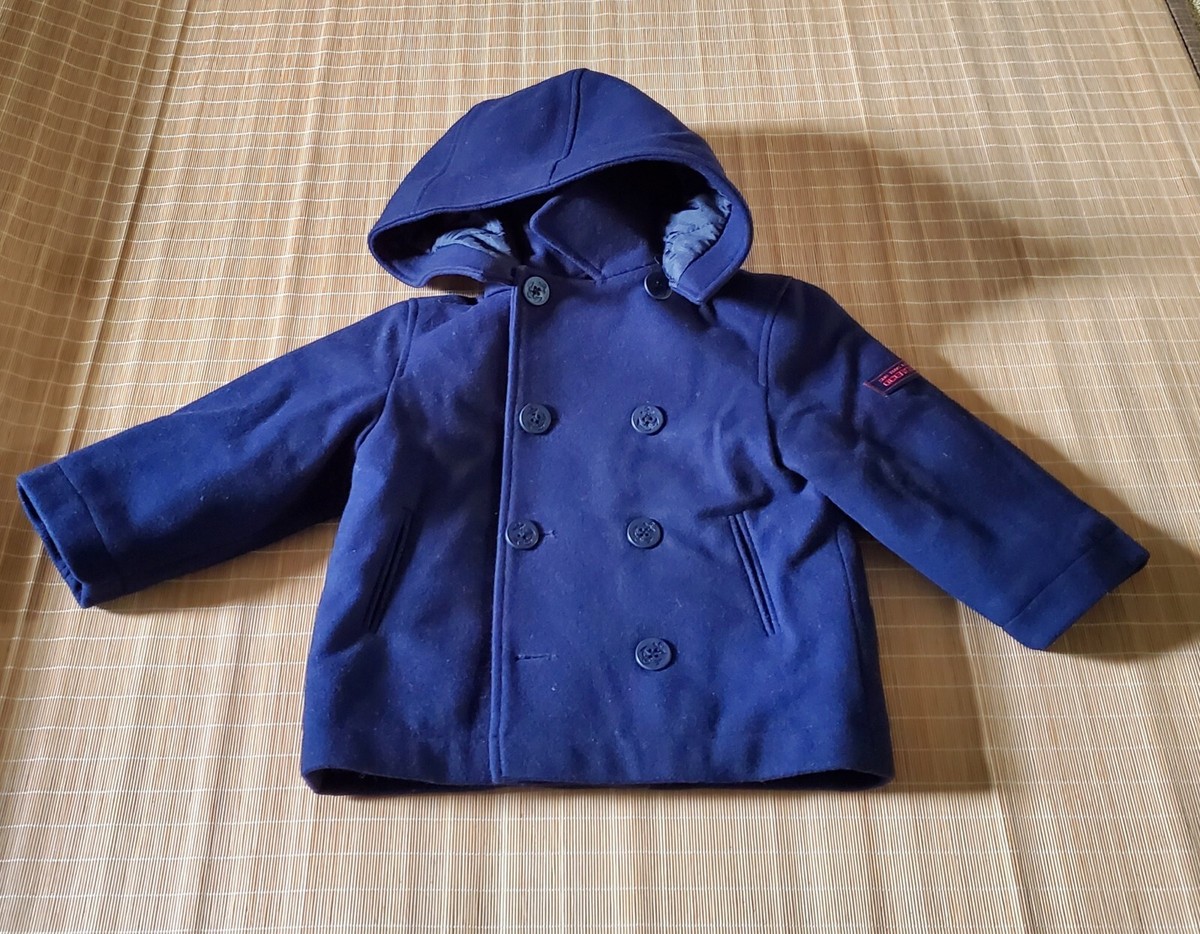 JACADI Wool Coat Detach Hoodie Double Breasted Button Navy Size 2A