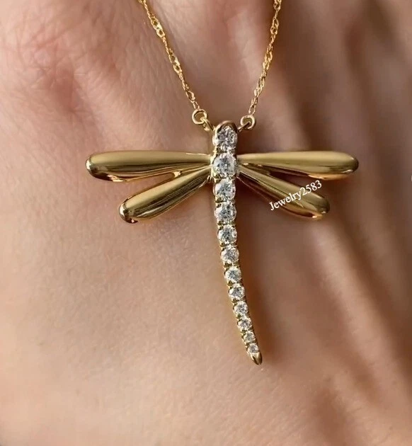 Colgante libélula para mujer enchapado en oro amarillo de 14 k diamante natural I3 Foto 3 de 4