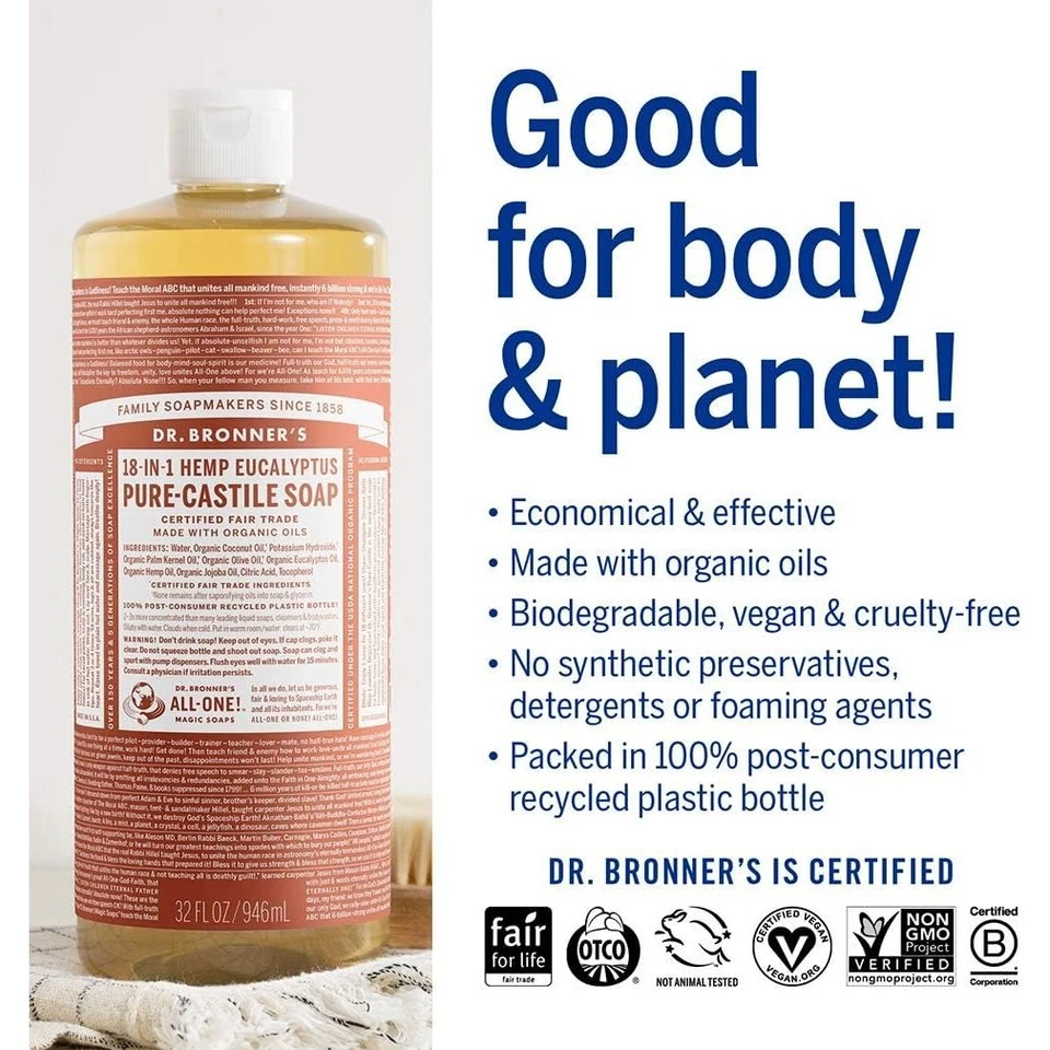 Dr. Bronner's Pure-Castile мыло жидкость (конопля 18 в 1) эвкалипт 473 мл - Изображение 3 из 3