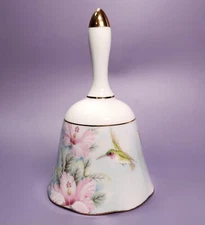 Vintage Hummingbird & Hibiscus Lefton Fine Porcelain Dinner Bell Gold Gilded