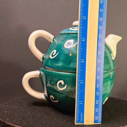 Vintage Teapot and Cup, Green Hand Painted 3 Piece Set - Picture 8 of 8