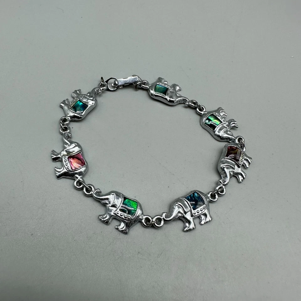 Elephant Bracelet Silver Tone Multicolored Abalone Shell Inlay Trunks Up 7.5" - Image 2 of 4