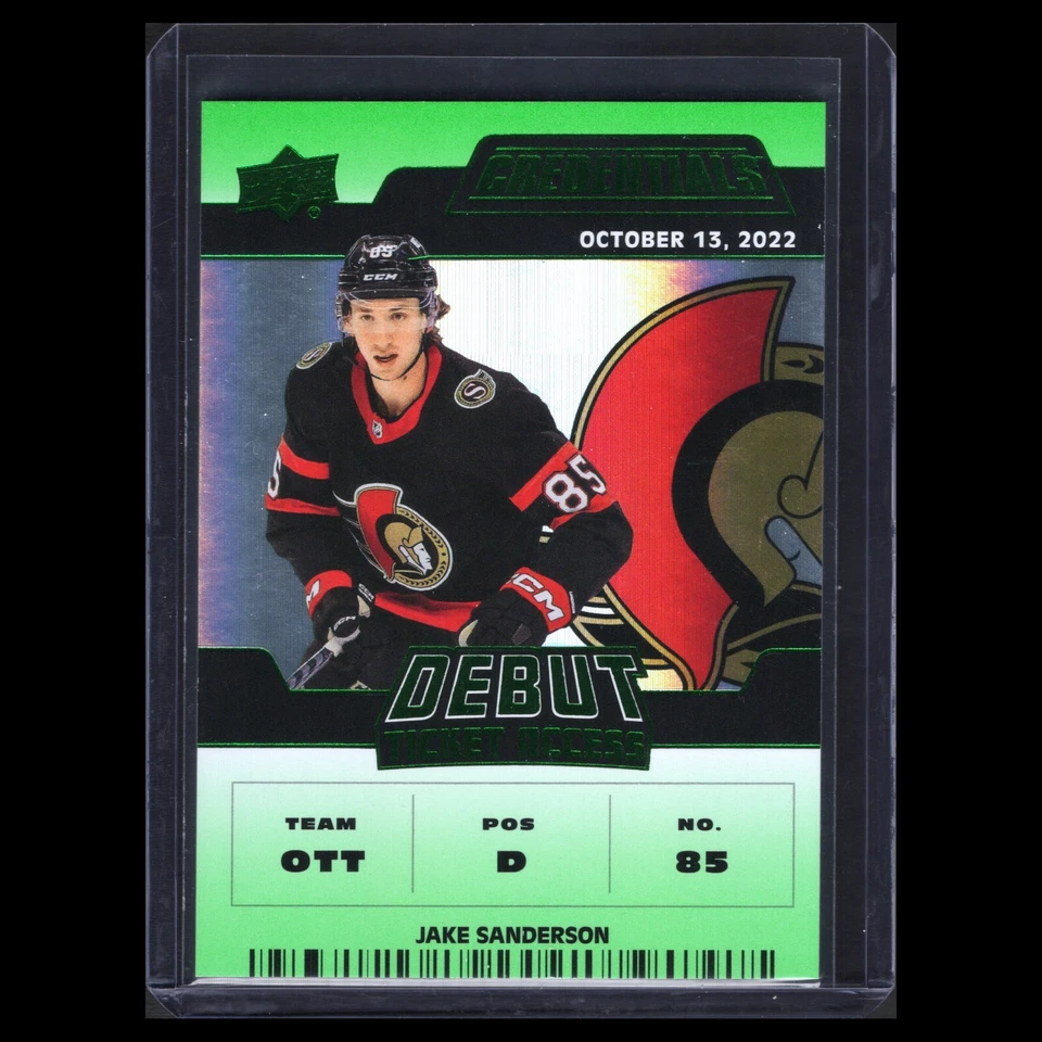 2022-23 UD Credentials JAKE SANDERSON #192 Debut Ticket Access Green RC 12/25 - Image 3 of 4