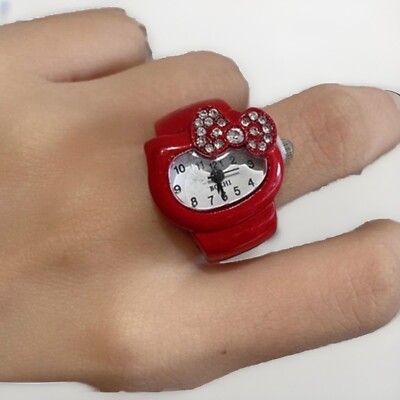 Hello Kitty Finger Watch Adjustable Steel Strap Red Glass Face  