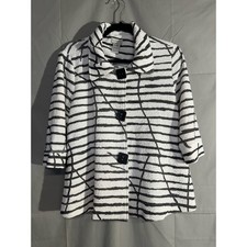 Multiples Jacket Womens Medium Petite White Black Striped Lagenlook Artsy Button