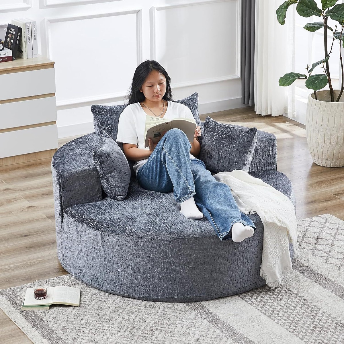 SI ambient lounge グレー ファー 円形クッション 55'' Oversized Circle Single Sofa Armrest Lounge Chair Armchair
