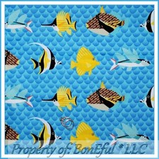 BonEful FABRIC FQ Cotton Quilt Blue Sword Shark Fish Water Ocean Sea Reef Print