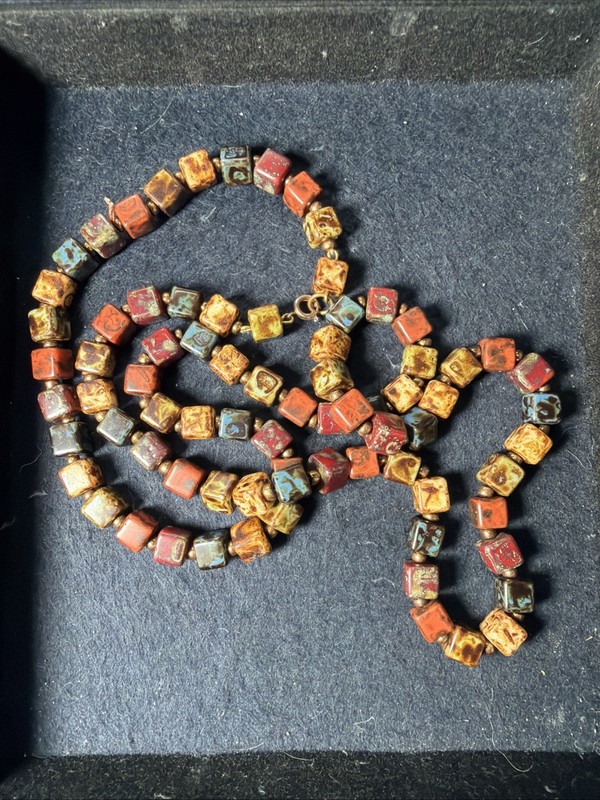 Vtg Scottish Agate Mottled Murano Glass Beaded Necklace Earth Tones Appx 30"