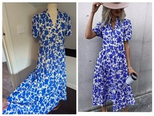 Zara Blue White Floral Long Tiered Smock Dress Medium 10?, Unworn Just Washed!