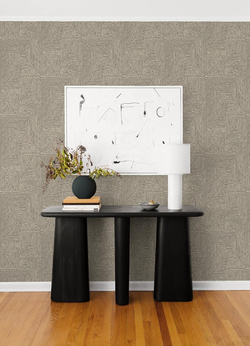 YK72140_Scott Living3 Geometric, Maze, Key Warm Khaki Fine Decor Wallpaper