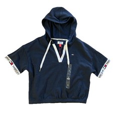 Tommy Jeans Cropped Hoodie Womens Sz M New Blue White Pomona Sweatshirt Logo USA