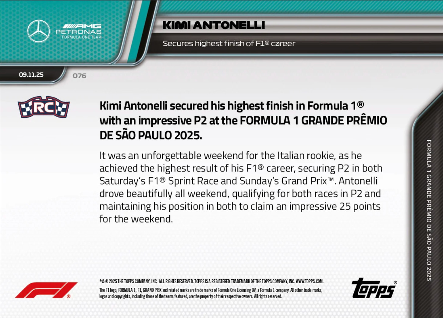 2025 Topps Now Formula 1 F1 Highest Finish #76 Kimi Antonelli ROOKIE PRESALE