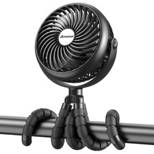 AMACOOL Baby Stroller Fan - 5000mAh Rechargeable, 3-Speed, Strong 5", Black