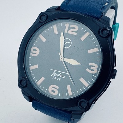 Techno Pave Quartz Watch Men Black Faux Leather Singapore Movt Analog New Batter