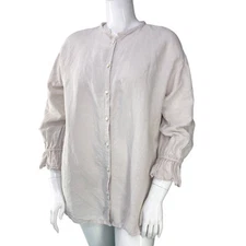 Nest Robe Womens Size OS One Size Blouse Button Up Band Collar Linen Ruched Cuff