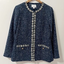 Charter Club Womens Navy Blue Tweed Fringe Trim Blazer Jacket Size M Hook Eye