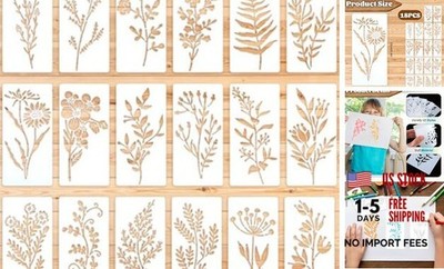 XUEJIE 18 Sheet Flower Stencils for Painting, 6 x 3 Inch Reusable Flower Leaf 
