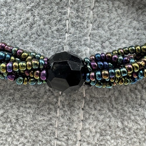 Jet Black Rainbow Glass Seed Bead Braided Necklace Lariat Mystic Peacock 54" - Picture 11 of 17