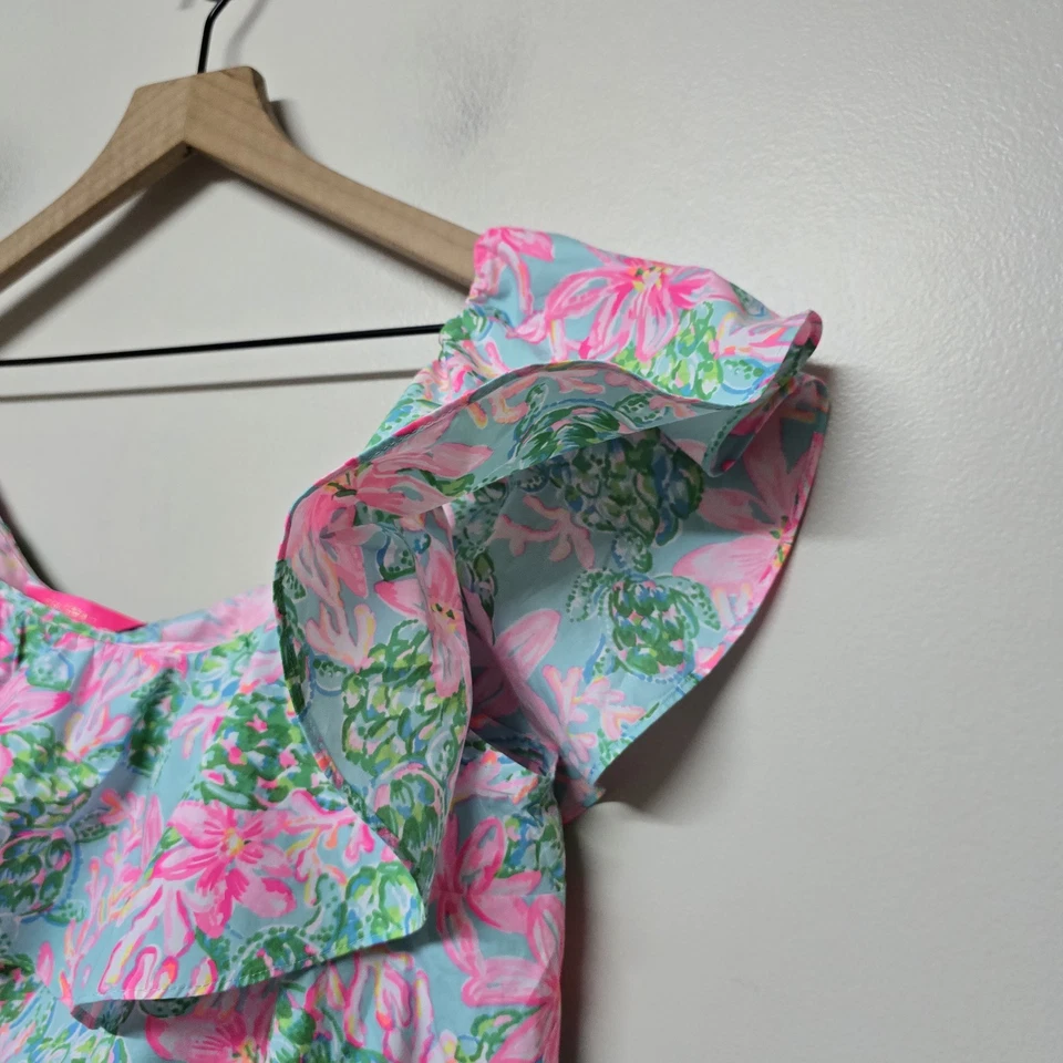 Top LILLY PULITZER Zeldie Un Hombro Volantes Azul Surf Tan Elegante Talla XL Foto 4 de 4