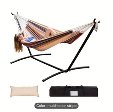 Double Hammock w Steel Stand Includes Portable Carry Case & Head Pillow