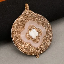 2 Pcs Big Natural White Shell Golden Rhinestone Paved Charms Connector Pendant