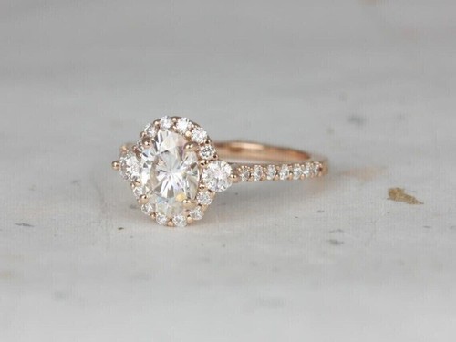 2 Ct Oval Cut Simulated Diamond Engagement Halo Ring 14K Rose Gold Plated - Picture 4 of 4