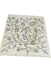 Pottery Barn Anderson Neutral Fringed Crewel Cotton/Linen Table Throw 50"x 50