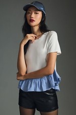 NWT Maeve Anthrooligie White Tee With Blue Stripe Asymetical Hem Women Size XL
