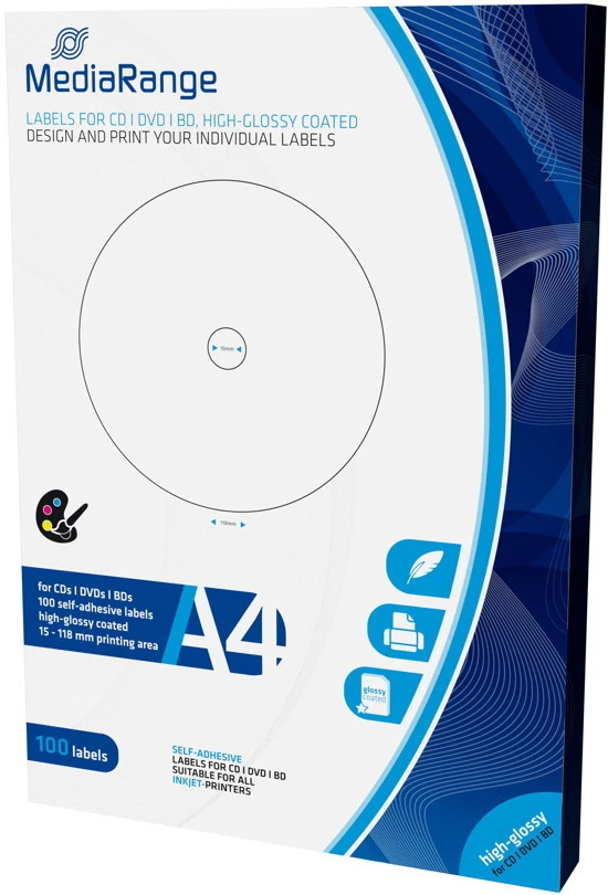 100 Mediarange BD / CD / DVD Label high glossy glänzend 15 mm bis 118 mm
