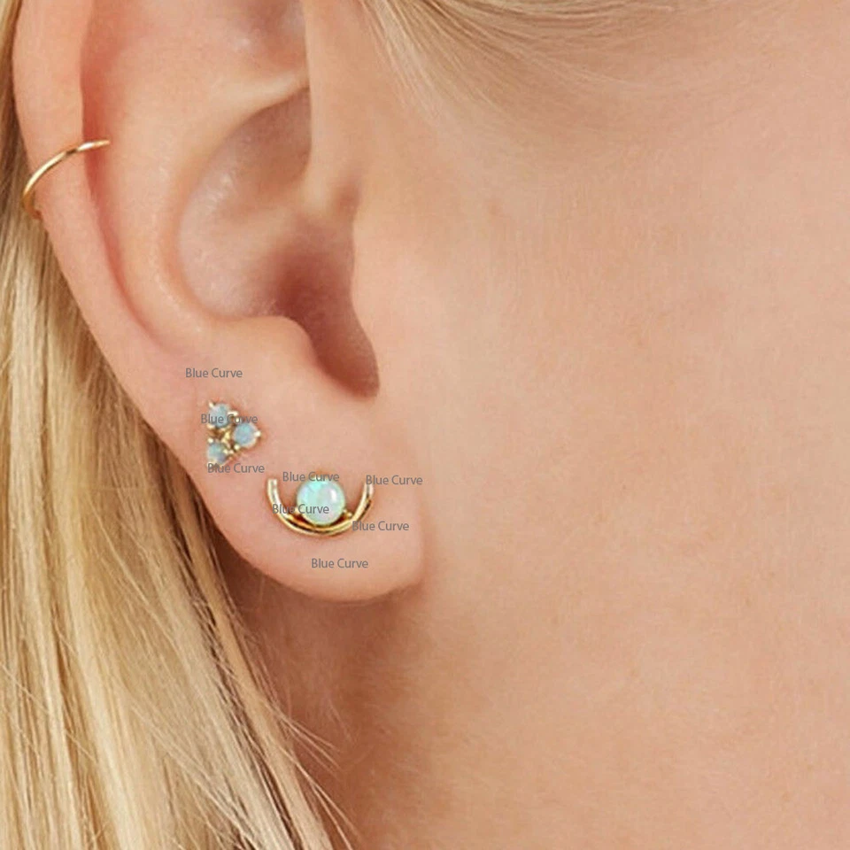 Aretes genuinos de oro amarillo sólido de 14 k con diseño de luna de piedras preciosas de ópalo de 0,25 quilates Foto 3 de 3