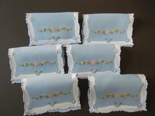 Antique set 6 Madeira Cocktail Napkins, blue linen voile decor color h embroi/ry - Picture 8 of 11