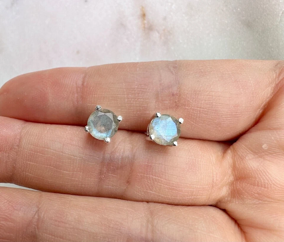 Natural Labradorite Round Cut Stone 925 Sterling Silver Women Tiny Stud Earrings - Image 2 of 4