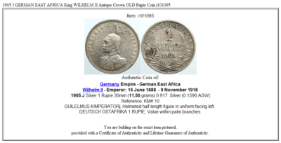 1905 J GERMAN EAST AFRICA King WILHELM II Antique Crown OLD