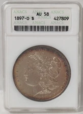 1897-O MORGAN SILVER DOLLAR ANACS AU 58 SOAPBOX HOLDER