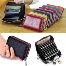RFID Blocking Women Men Genuine Leather Wallet Credit Card Holder Zipper Pocket