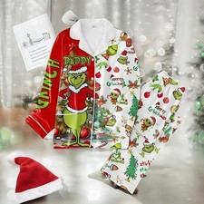 Family Matching Grinch Christmas Satin Pajamas, Grinch Holiday PJs Set, Funny Ch